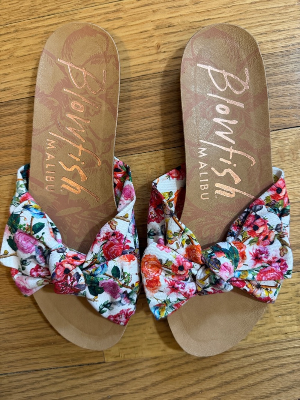 Blowfish Floral Fabric Bow Slide Sandals - White Pink, Red, Green Feminine Sz. 7